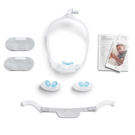 DreamWear Gelkissen-Nasenmaske mit Ausatemventil, Kopfband und 4 Maskenkissen